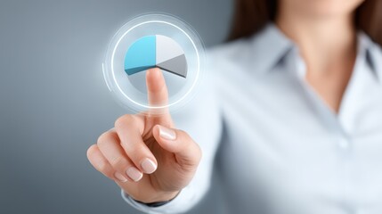 Realistic businesswoman hand touching a single glowing pie chart icon on a futuristic digital interface, abstract corporate gradient background with negative space for text, cinematic rim light with