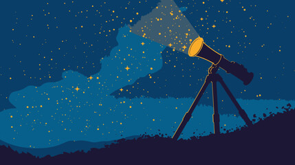 Illustration of a telescope on a dark hill, observing a beautiful, glittering starry night sky with cosmic wonder and exploration