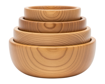 Set of four natural wooden bowls stacked in descending size order, showcasing smooth polished surfaces and warm wood grain textures, ideal for