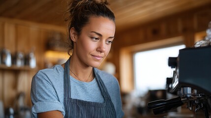A focused barista making coffee in a warm, inviting cafe with wooden decor. Ideal for coffee-related content.