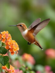 Obraz premium A vibrant hummingbird hovers near bright orange flowers, showcasing nature's beauty in a lush garden setting. Ideal for wildlife and nature themes.