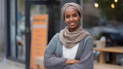 Refugee entrepreneur proudly standing in front of a small local business with a welcoming sign, representing economic empowerment, new beginnings, and self-reliance after resettlement. cinematic