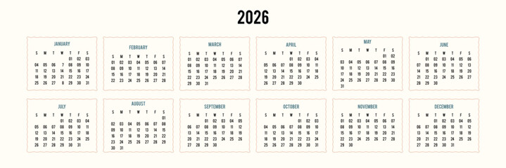 Calendar 2026 year - vector illustration. Week starts on Monday. Calendar Set for 2026 year .  Printable vector illustration for Spain. Plan your year with calendar style . eps 10 