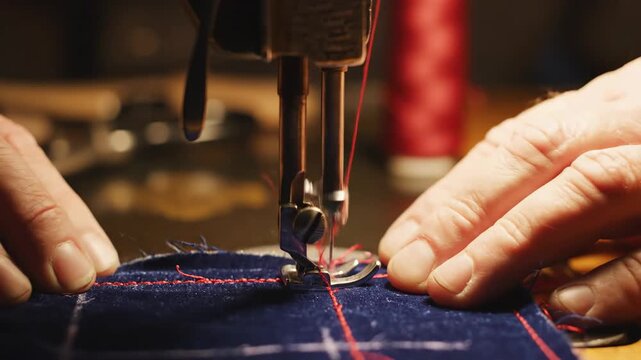Close up of a tailor's hands guiding blue fabric through a vintage sewing machine with red thread creating a seam in a dimly lit workshop environment for bespoke clothing