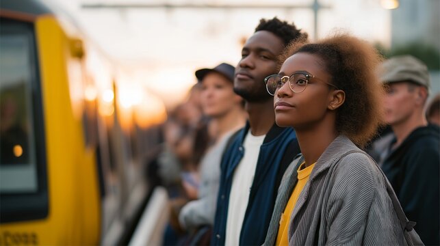A diverse group of commuters waiting on a platform for a regional train, symbolizing daily life, punctuality, and accessibility in modern railway systems. cinematic color correction, natural uneven