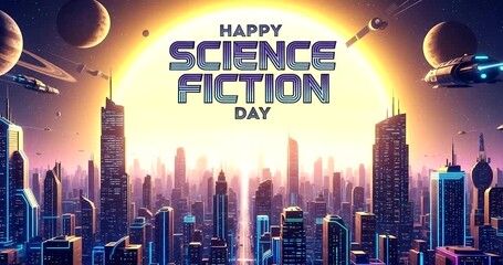 Futuristic cityscape on science fiction day with planets and flying vehicles - Powered by Adobe