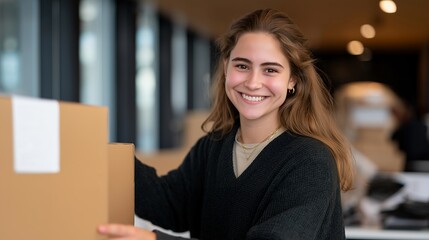 Student smiling as they pack used laptops into boxes for donation to underprivileged children, symbolizing educational empowerment, youth philanthropy, and technology access for all. cinematic