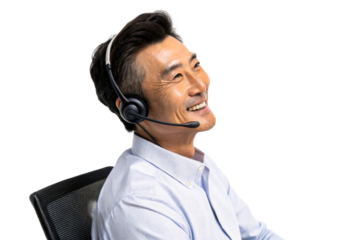Asian Man with Headset Laughing While Sitting in Office Chair