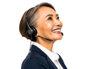 Asian Woman Wearing Headset Smiles While Looking Up