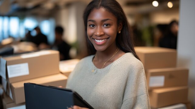 Student smiling as they pack used laptops into boxes for donation to underprivileged children, symbolizing educational empowerment, youth philanthropy, and technology access for all. cinematic