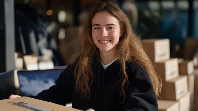 Student smiling as they pack used laptops into boxes for donation to underprivileged children, symbolizing educational empowerment, youth philanthropy, and technology access for all. cinematic
