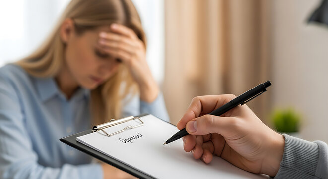 Woman experiencing emotional distress during therapy session with professional counselor taking notes on mental health assessment
