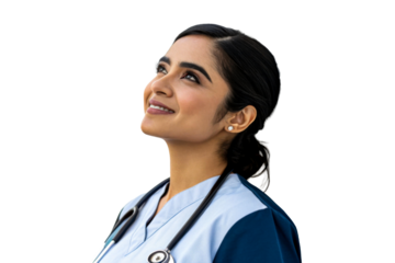 Indian female healthcare professional looking up with a hopeful smile