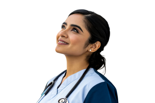 Indian female healthcare professional looking up with a hopeful smile - Powered by Adobe
