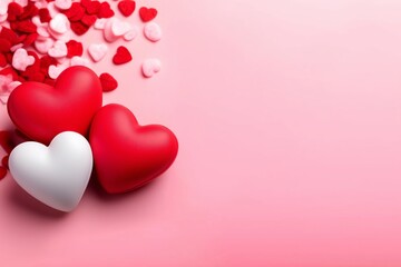 Close up of three decorative hearts in red and white colors on a soft pink background, surrounded by scattered heart-shaped confetti for Valentine's Day celebration
