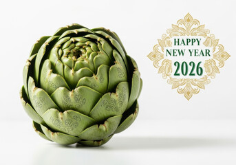 Elegant New Year 2026 Graphic Design with Artichoke on White Surface