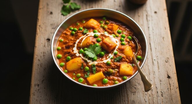 Delicious Aloo Matar Curry with Creamy Swirl and Fresh Cilantro Garnish.
