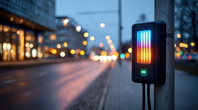 A traffic light displaying vibrant colors at night in a city environment. The scene captures the urban atmosphere with blurred lights in the background.