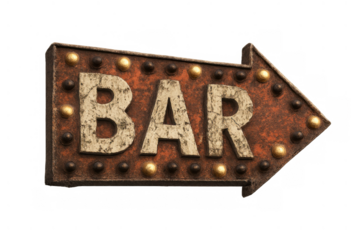 Bar sign arrow pointing direction, vintage rusty metal marquee lightbulb signage on transparent background