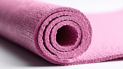 A close-up captures a rolled-up pink exercise mat, showing the textured surface and circular layers on a white background