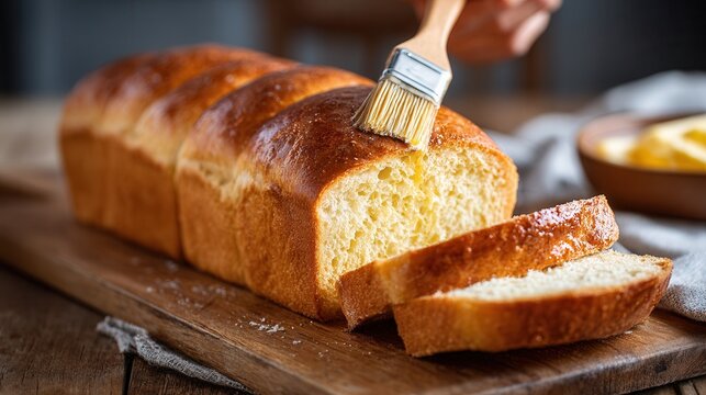 A loaf of freshly baked bread being brushed with melted butter on a wooden cutting board. Perfect for culinary and food photography.