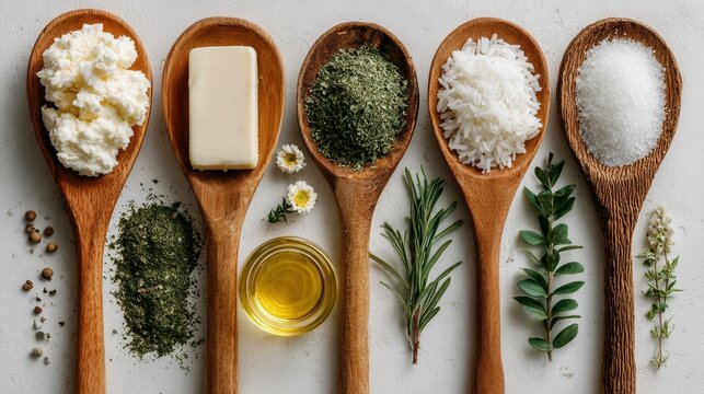 A collection of herbs, oils, and ingredients displayed in wooden spoons on a neutral background, ideal for culinary themes and food photography. - Powered by Adobe