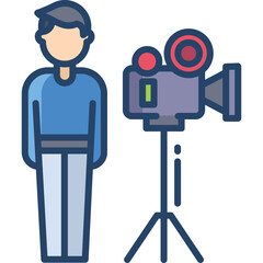 Man with blue shirt and grey pants stands beside vintage video camera on tripod with transparent background