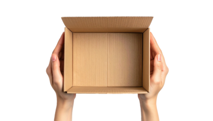Close-up Hands Holding up an Open Empty Brown Cardboard Box, Isolated on Transparent Background, Top View