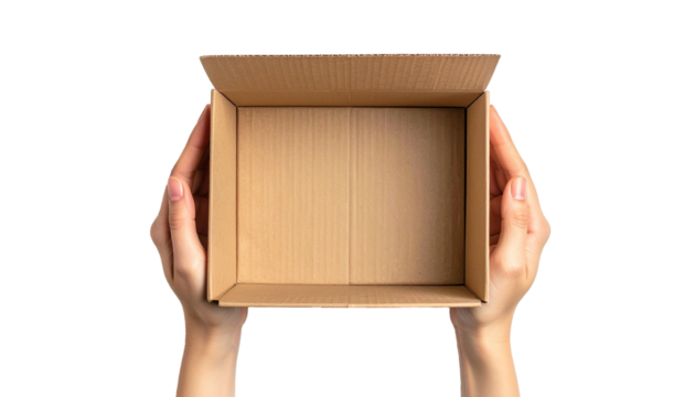 Close-up Hands Holding up an Open Empty Brown Cardboard Box, Isolated on Transparent Background, Top View