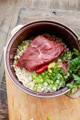 vegetable, beef  and retro pot for making broth