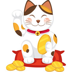 Maneki Neko Lucky Cat Beckoning Wealth and Good Fortune with Gold Coins on Red Cushion Transparent Background