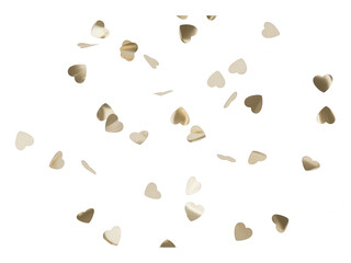Close-up view of love-shaped confetti falling against a white background, festive celebration, party decoration, light and airy mood, fun and joyful
