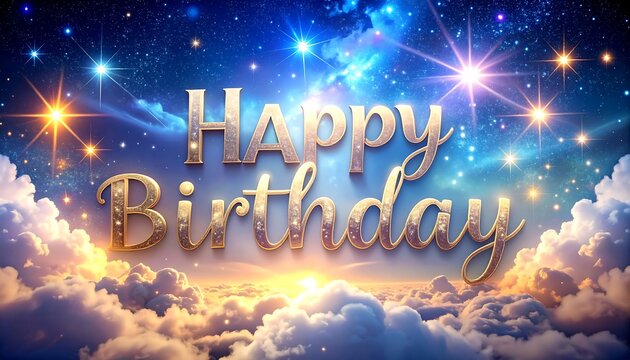 Golden "Happy Birthday" text floating above clouds and starry sky