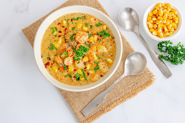 Creamy seafood chowder made with fresh shrimp, sweet corn, potatoes