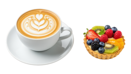 Close-up of a white ceramic coffee cup with intricate latte art on frothy cappuccino and a colorful fresh fruit tart pastry with berries and slices