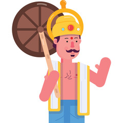 Man Wearing Traditional Indian Attire Holding a Round Umbrella with a Yellow Crown and a Halo Against a White Background