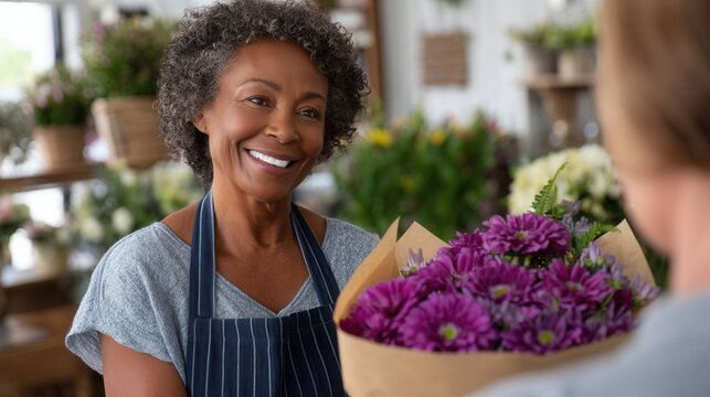 A cheerful florist with curly hair offers a bouquet of purple flowers to a customer in a bright flower shop, creating a warm and inviting atmosphere.