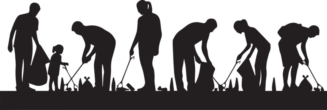 People volunteering for environmental cleanup showing different stages of trash collection with tools