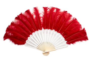 Open red feather fan with white paper detailing