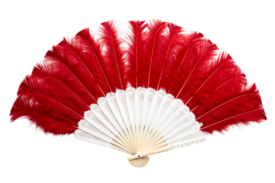 Open red feather fan with white paper detailing