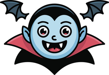 Cute cartoon vampire vector character with bat wings and fangs smiling happily, suitable for Halloween themes