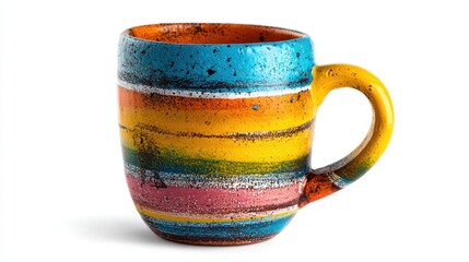 Colorful ceramic mug with horizontal stripes on a white background, studio lighting