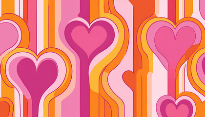 Retro groovy heart pattern in warm pink and orange tones