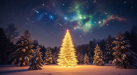Dramatic digital art of a celestial Christmas forest at midnight.