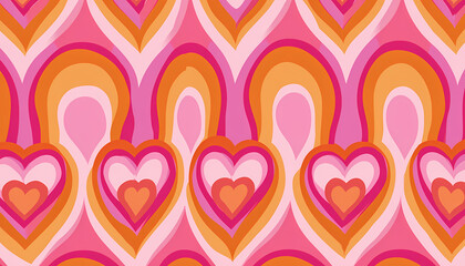 Retro groovy heart pattern in warm pink and orange tones