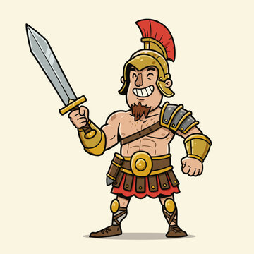 Smiling cartoon gladiator holding a sword, wearing golden armor and a crested helmet.