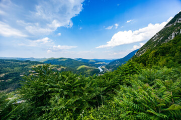 Obraz premium Green landscape with clouds and view of tara river