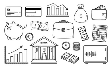 A set of financial doodles - credit cards, money, cash, piggy bank, safe, calculator, bank building, diagrams. Vector hand-drawn illustration. Perfect for business, economics, and investment concepts.