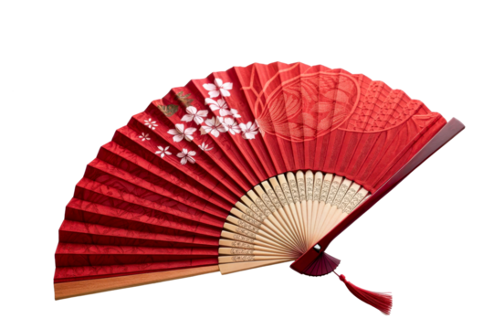 Red Folding Fan with Cherry Blossoms and Tassel