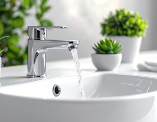Modern bathroom sink with chrome faucet and running water